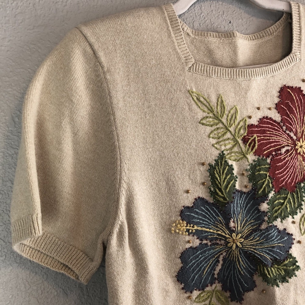 Alfred Dunner Womens Shirt Large‎ Short Sleeve Sweater Beaded Floral Embroidered - Picture 3 of 6
